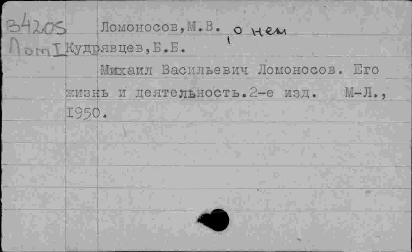 ﻿&-!£<>	Ломоносов,М. В. о ..л..
1 ; 0 хл Т Кудряв це в, Б. Б.	
	Михаил Васильевич Ломоносов. Его
жизйь и деятельность.2-е изд. М-Л.,	
19%	).
	
	
	
	
	